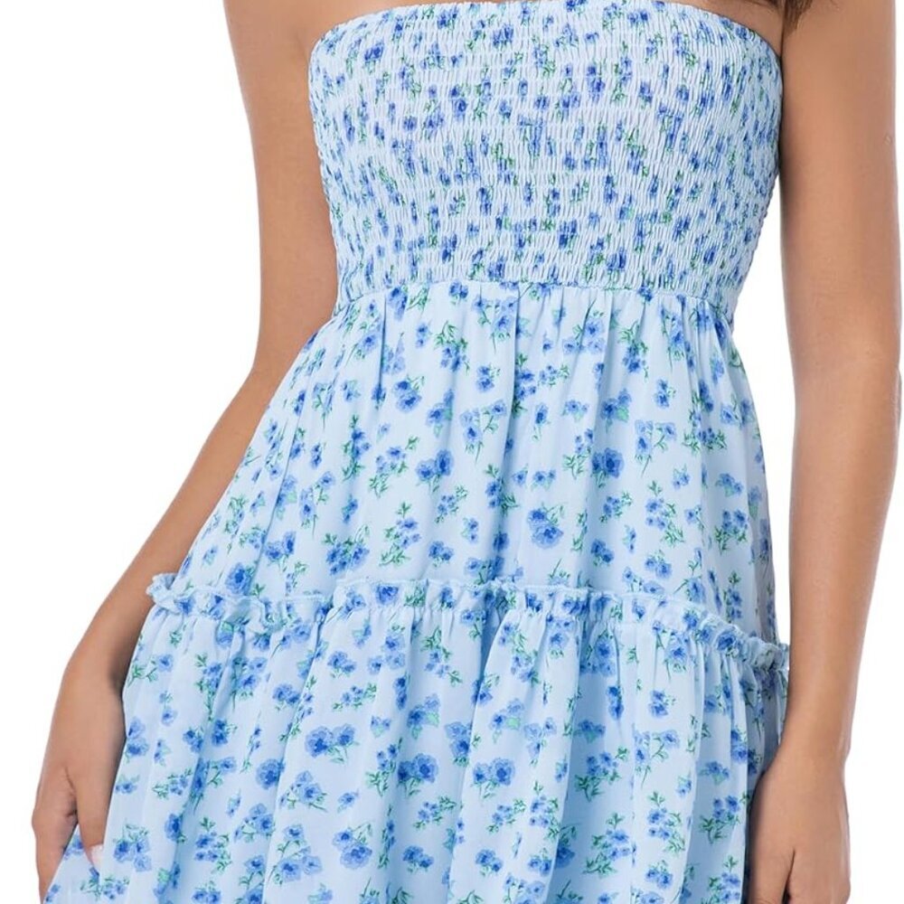 Women Summer Strapless Boho Mini Dress Polyester Beach Occasion Flowy